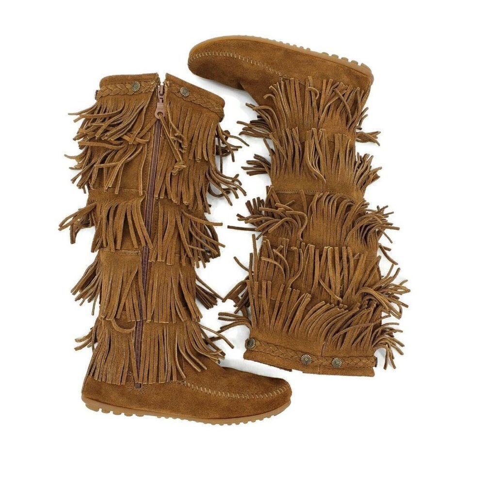 Minnetonka 5 Layer Fringe Boots Womens 7 Brown Suede Leather 1658 - Picture 5 of 9